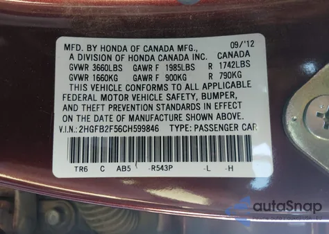 2012 Honda Civic Lx from USA, damaged, VIN 2HGFB2F56CH599846